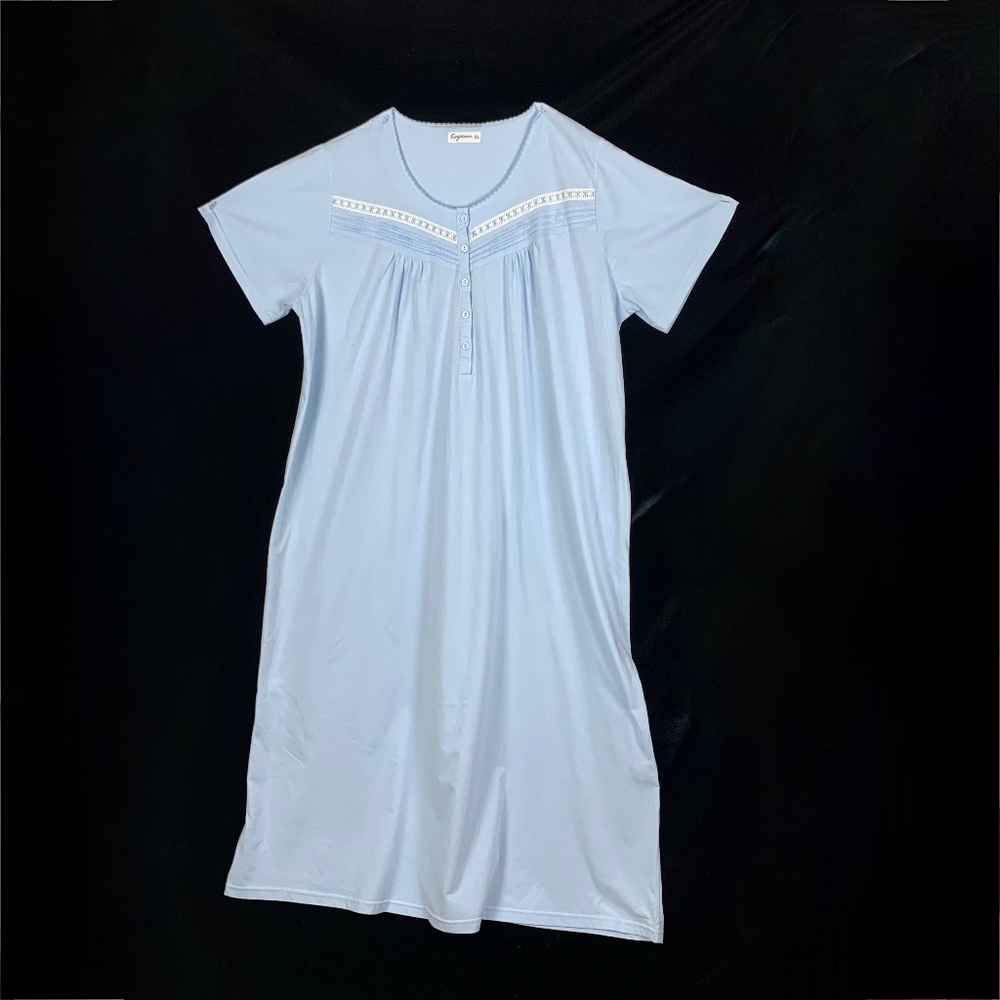 Keyocean XL Nightgown Blue Cotton Knit Maxi Short Sleeves